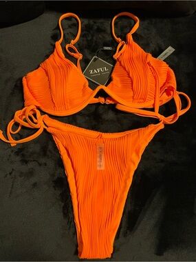Zaful Bright Orange Ribbed Two-Piece Bikini